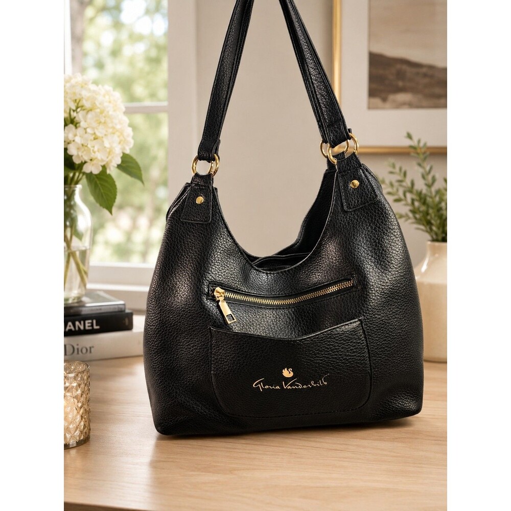 Gloria Vanderbilt Black Pebbled Faux Leather Hobo Shoulder Bag Gold Tone Zip...